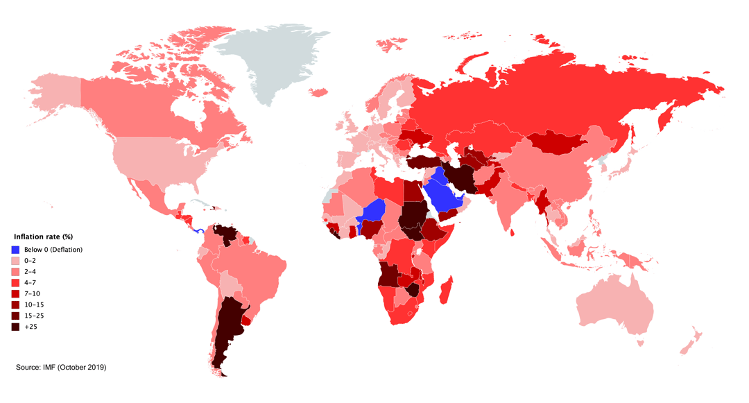 Mapa mundial de les taxes d'inflació l'any 2019. Mostra com la inflació varia en diferents països del món.