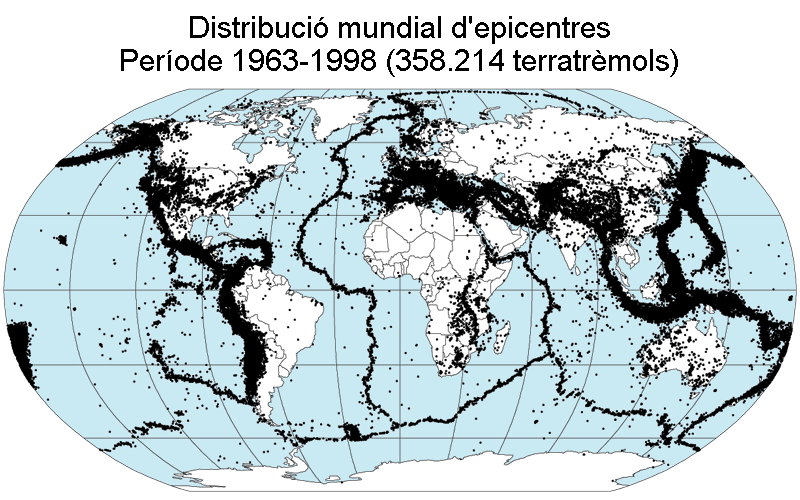 Distribució mundial dels epicentres de terratrèmols entre 1963 i 1998. Aquest mapa mostra on es produeixen els terratrèmols al món i com estan relacionats amb les plaques tectòniques.