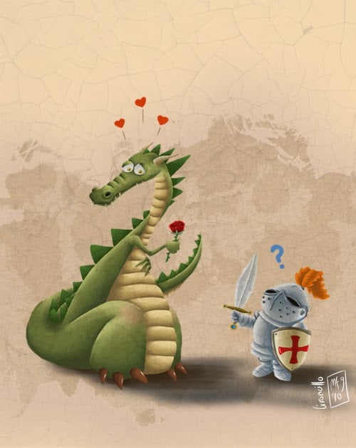 Il·lustració de Sant Jordi i el drac per Marta Montañá, amb colors vius i estil atractiu per a nens.