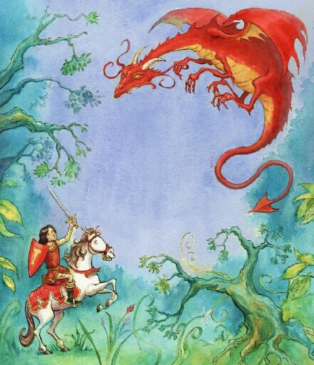 Il·lustració de Sant Jordi i el drac per Katherine Kirkland, amb estil amigable i colors equilibrats.