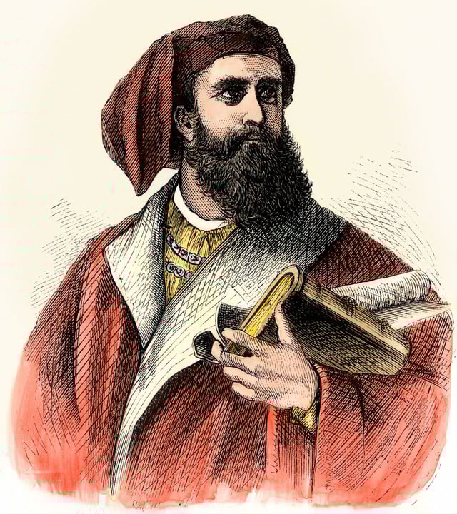 Retrat de Marco Polo de l'Enciclopèdia Britannica, gravat en fusta.