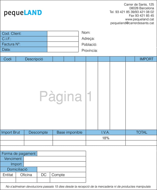 Model de factura clara i detallada, document bàsic per als registres comptables.