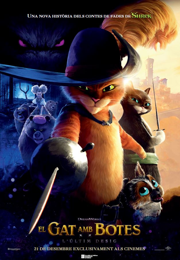 Aquí veiem el cartell de la pel·lícula nova del gat amb botes. El gat té un desig especial. Quina aventura tindrà?