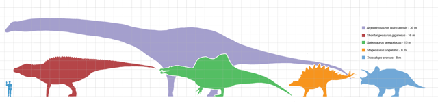 Diagrama comparatiu de les mides dels dinosaures més grans en diferents grups.