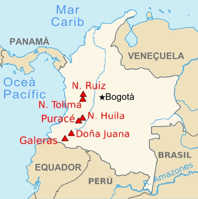 Mapa dels principals volcans de Colòmbia amb les seves ubicacions.