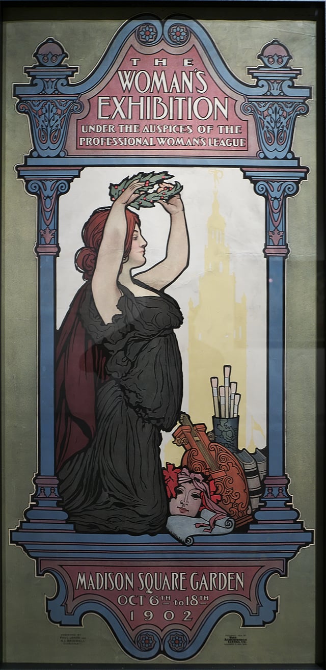 Aquest és un cartell modernista. Té colors i formes boniques. Explica una exposició sobre dones.