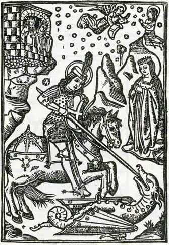 Sant Jordi matant el drac segons una coneguda estampa tradicional catalana.
