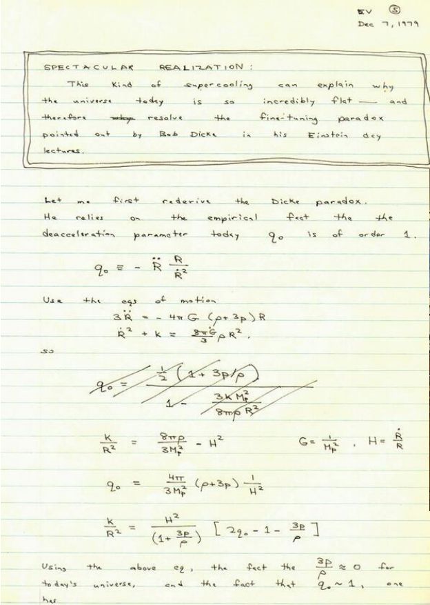 Pàgina original d'Alan Guth on va tenir una idea molt important sobre l'univers.