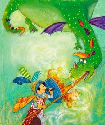 Il·lustració de Sant Jordi i el drac de Marta de la Fuente, amb colors vius i estil atractiu per a nens.