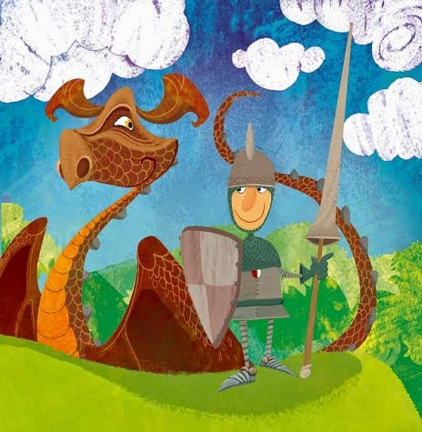 Il·lustració de Sant Jordi i el drac de Rodrigo Folgueira, amb colors vius i estil adequat per a nens.