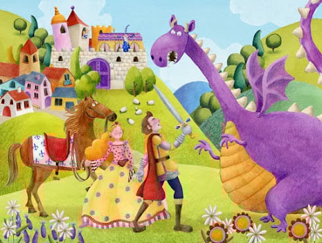 Il·lustració de Sant Jordi i el drac de Monica Carretero, amb estil amigable i colors equilibrats.