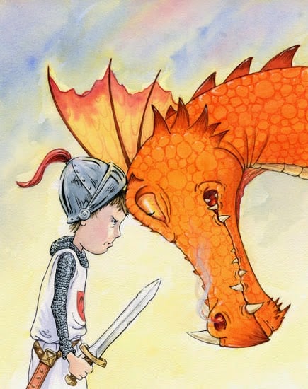 Il·lustració de Sant Jordi i el drac de Keith Robinson, amb colors vius i estil adequat per a nens.