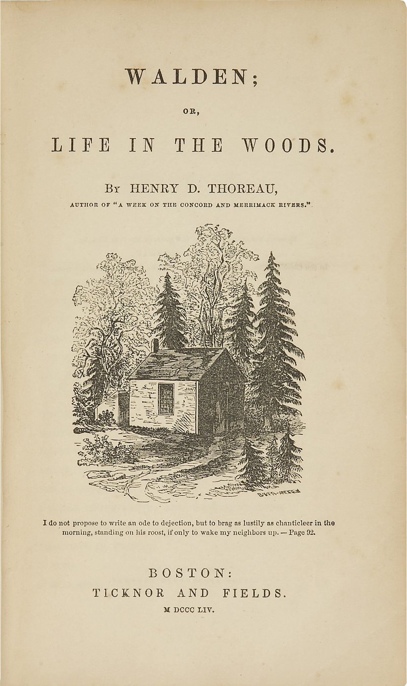 Il·lustració històrica de Henry David Thoreau a la cabana de Walden. Imatge descriptiva i educativa per complementar l'explicació del llibre, adequada per a nens de 8-10 anys.