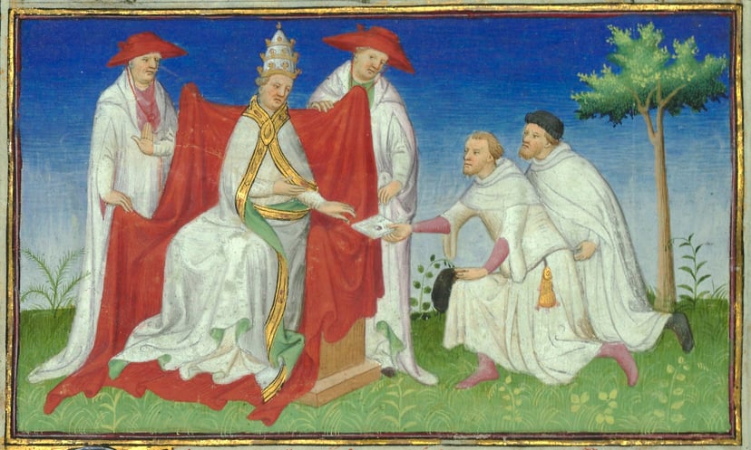 Niccolò i Matteo Polo lliurant una carta de Khublai Khan al Papa Gregori X l'any 1271, escena diplomàtica clau.