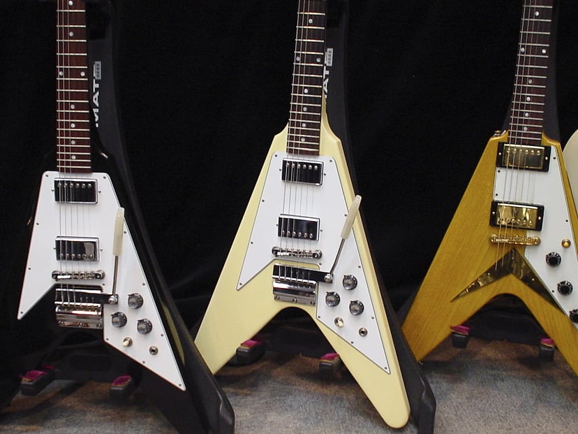 Guitarra elèctrica Gibson Flying V, amb una forma diferent i molt especial.