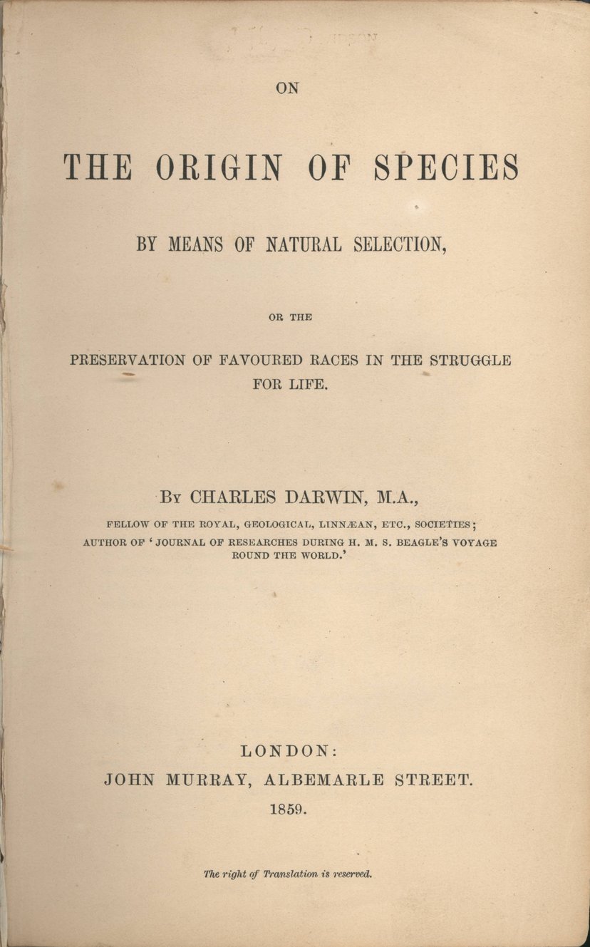 Pàgina del títol de 'L'origen de les espècies' de Charles Darwin, obra fonamental en la biologia evolutiva.