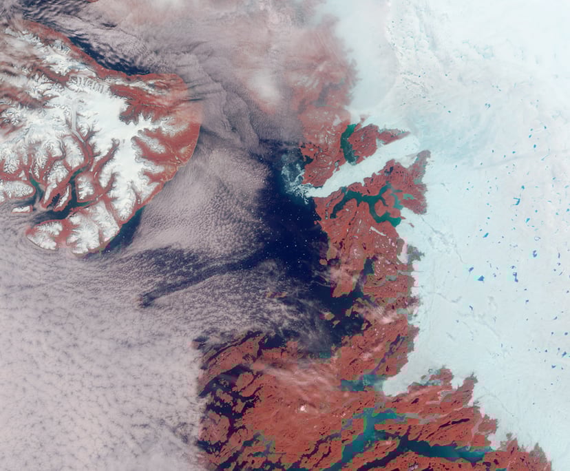 Foto de satèl·lit de la glacera Jakobshavn a Groenlàndia. Mostra la gran mida de les glaceres.