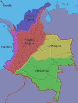 Mapa de les regions naturals de Colòmbia, amb colors diferents per a cada regió com l'Andina, Orinòquia i Amazònica.