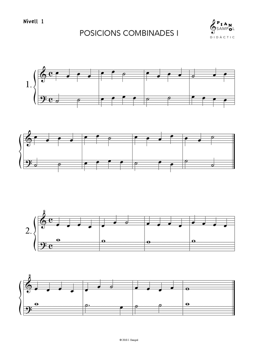 Partitura didàctica per a piano, amb notes i posicions bàsiques. Ideal per a nens que comencen a tocar el piano.